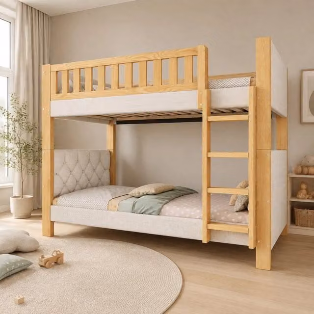 Letto a castello 90x200 cm con scala a quattro gradini e bordi antiurto; legno e tessuto grigio