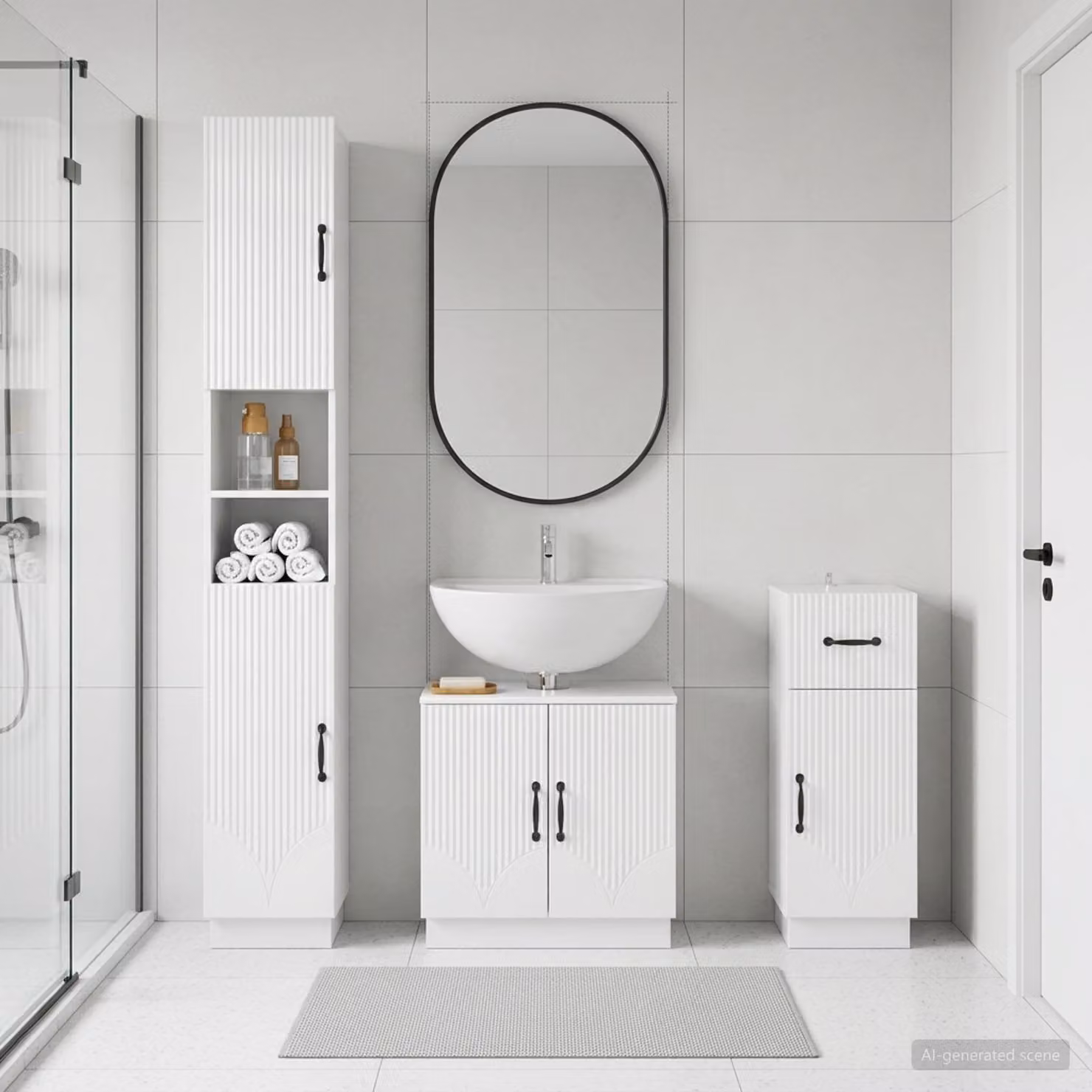 Set di armadietti da bagno moderni vidaXL HOORN in 3 pezzi, Bianco Lucido, con mobile lavabo, colonna e mobile laterale