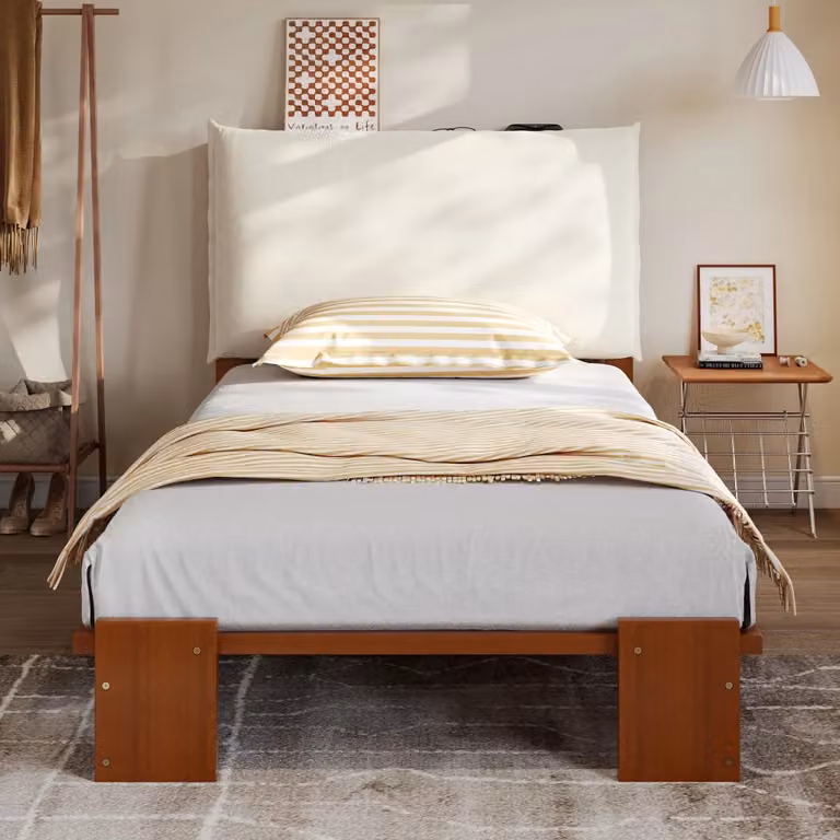 Letto singolo per bambini OKWISH in legno di pino e tessuto, L/P/H: 90 x 200 x 120 cm, marrone e bianco