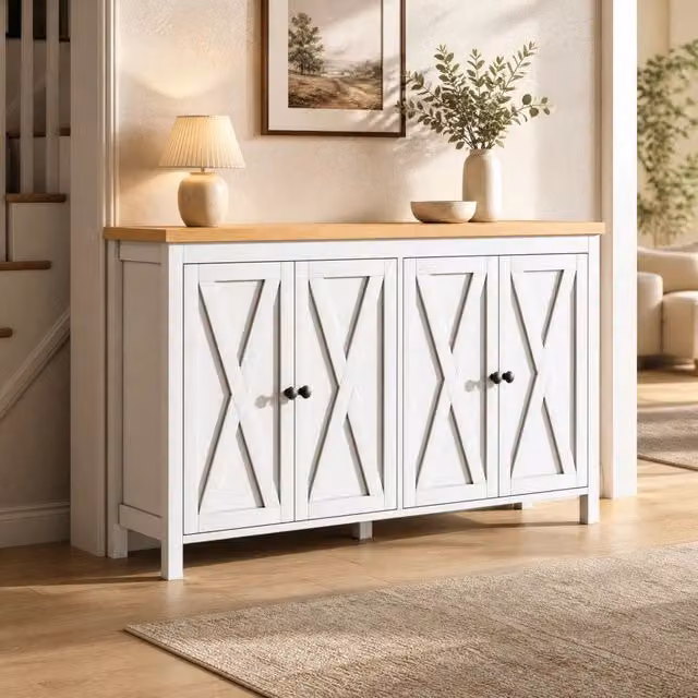 Sideboard bianco moderno in MDF con 4 ante, 2 ripiani regolabili, design compatto 140x40x78 cm