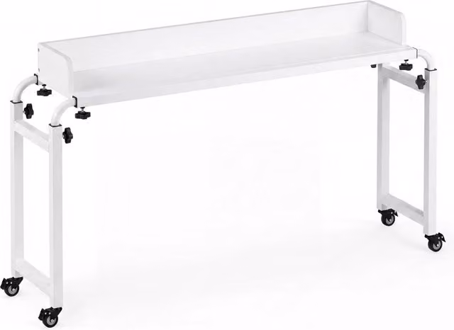 Scrivania mobile sopra il letto con altezza regolabile e ruote, piano in MDF bianco e telaio in metallo – 1