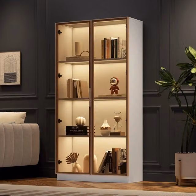 Vetrina WISHDOR bianca con ante in vetro, illuminazione LED integrata e ripiani regolabili, L 80 cm x P 40 cm x H 160 cm