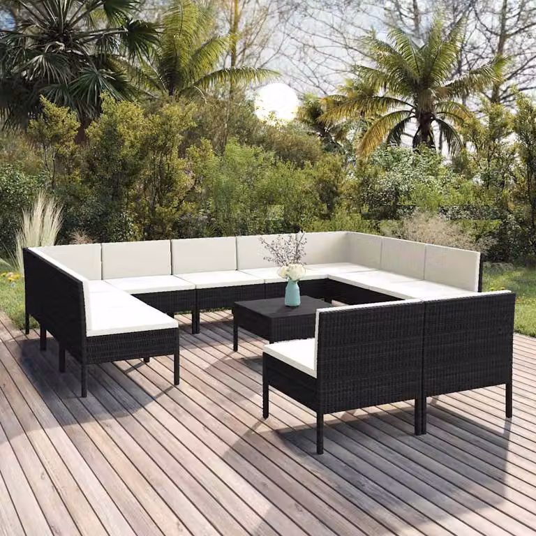 Set di divani da giardino vidaXL a forma di U con cuscini, tavolino e struttura in metallo nero e bianco