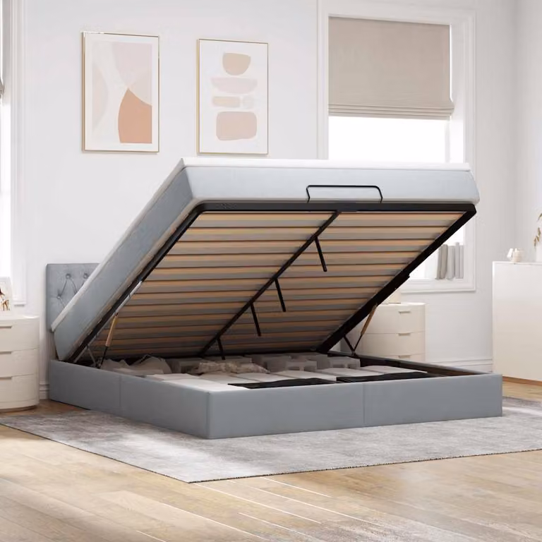 vidaXL Struttura Letto con Materasso e Contenitore a Sollevamento in Tessuto Grigio e Bianco L/P/H: 180 x 200 x 28 cm
