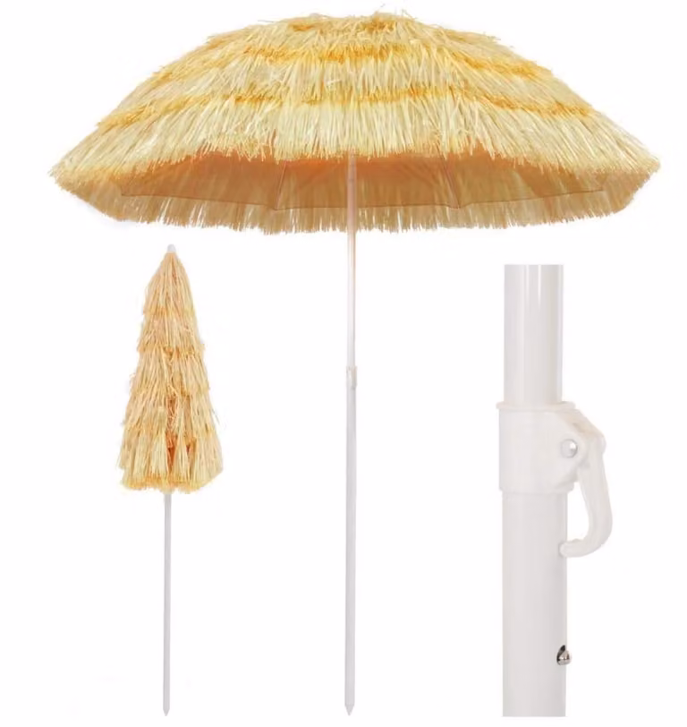 Ombrellone basculante da 180 cm, stile hawaiano, ideale per mercati, balconi, giardini, terrazze. Offre protezione solare, è resistente ai raggi UV, ha una struttura in acciaio e un colore naturale