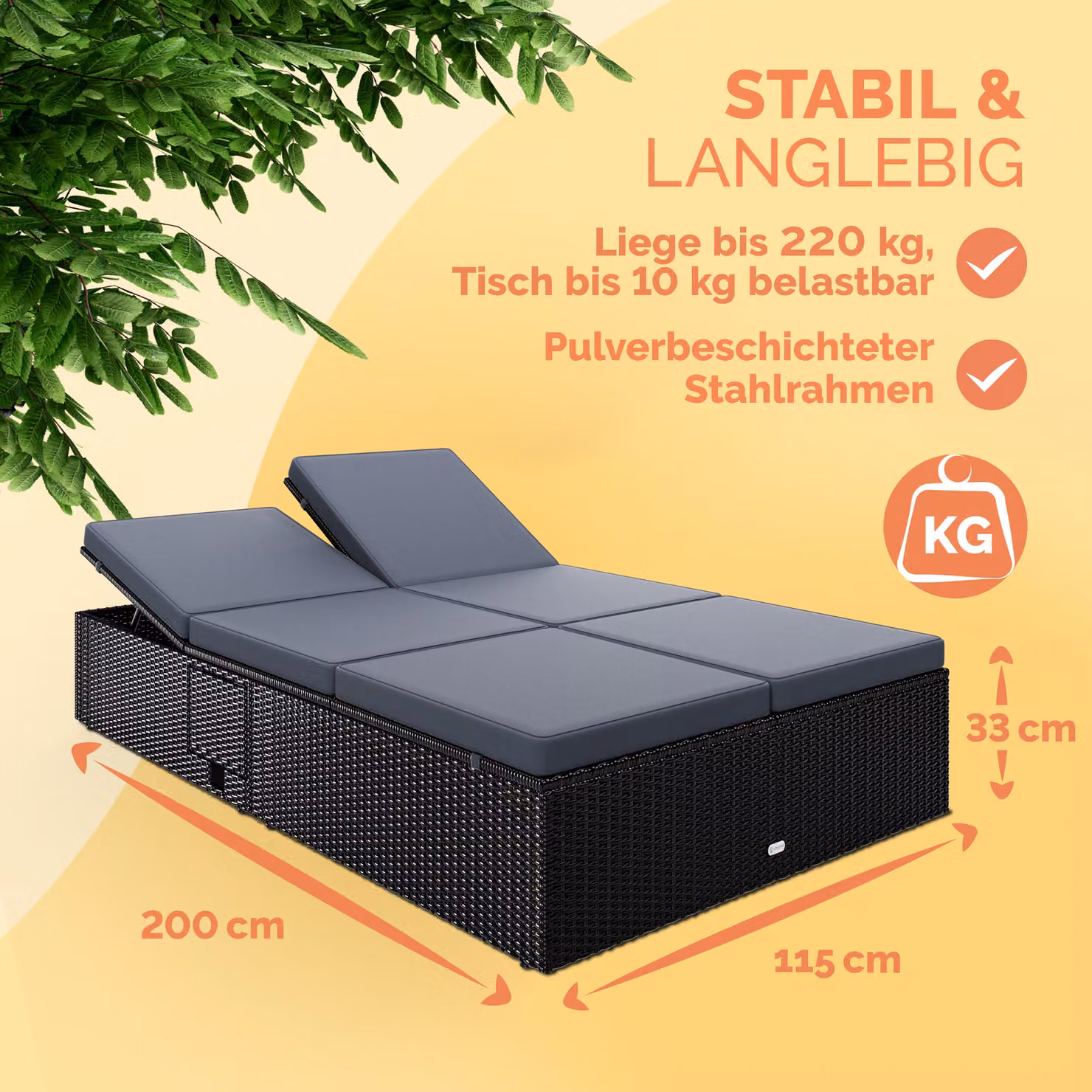 Lettino da giardino Casaria in polyrattan nero e antracite con poggiatesta regolabile e vassoio laterale L/P/H: 220 x 115 x 33 cm – 2