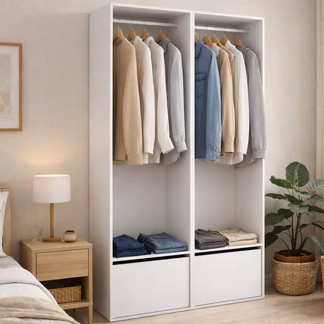 Armadio da camera da letto DMORA moderno con ante pieghevoli, porta pantaloni e appendiabiti, L 120 cm x P 45 cm x H 205 cm, Bianco e Rovere