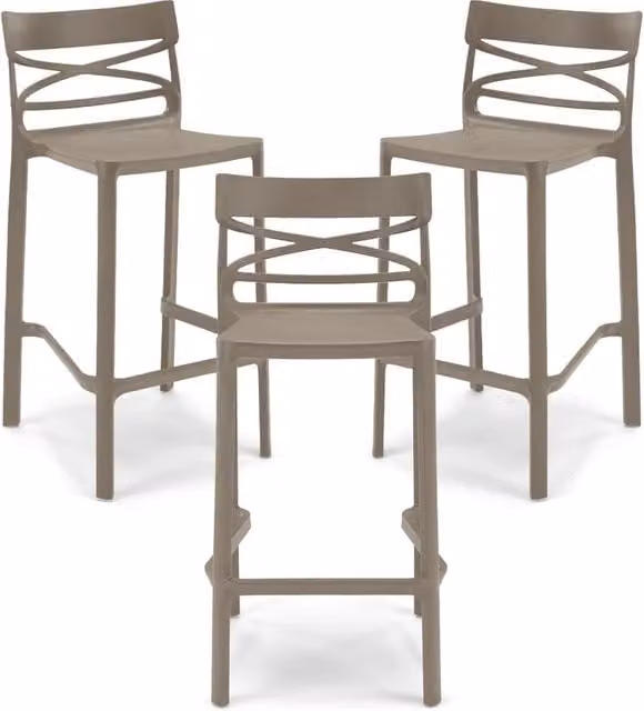 Set 3 sgabelli in polipropilene FLOW altezza seduta 65cm, impilabile, idrorepellente, resistente ai raggi UV, design moderno e innovativo, ideale per la cucina, la veranda o giardino colore Tortora