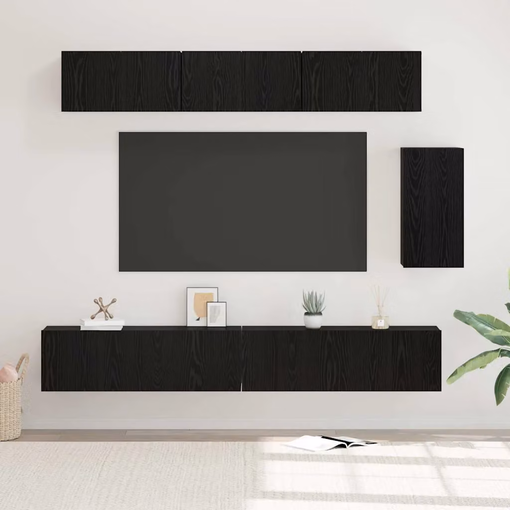 Set mobile TV moderno vidaXL in 6 pezzi, Rovere e Nero, in legno MDF per soggiorno – 1