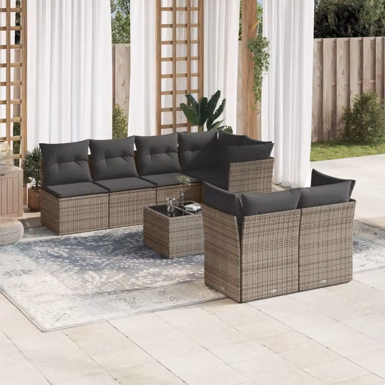 vidaXL Set Divano da Giardino 8 pz a L con Cuscini Grigio in Polyrattan e Tavolino da Caffè