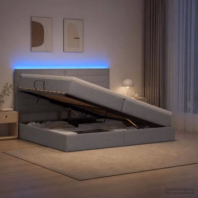 Letto con contenitore vidaXL in tessuto grigio con illuminazione LED e porte USB, L/P/H: 200 x 140 x 204 cm