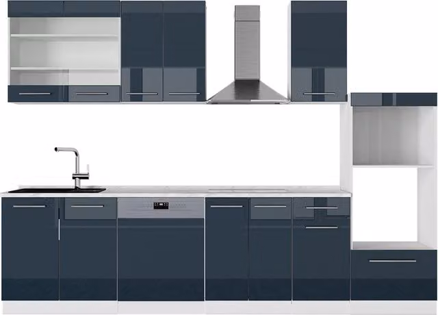 Cucina componibile moderna Vicco Fame-Line Blu scuro lucido e Bianco, L: 300 cm – 1