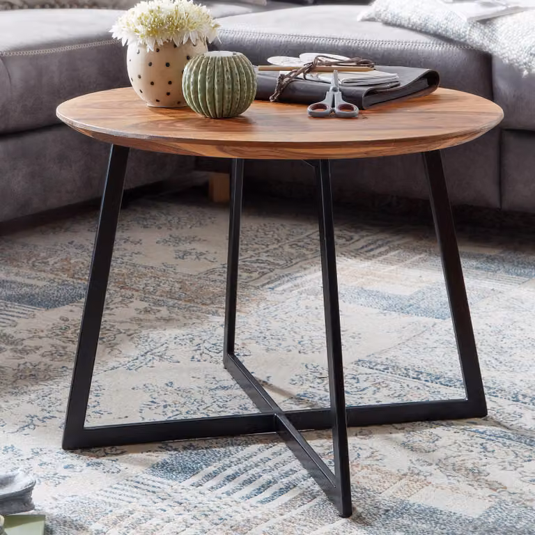 FineBuy tavolino 60x60x45 cm sheesham legno massiccio/metallo tavolino da divano rotondo tavolo da soggiorno tavolino solido tavolino da salotto