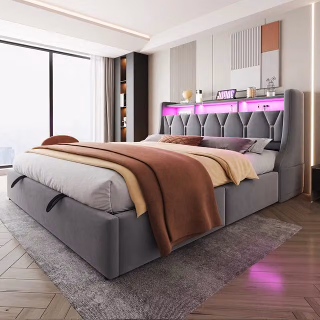Letto imbottito 180x200 cm con contenitore; LED e prese in velluto grigio