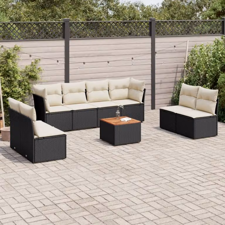 vidaXL Set Divani da Giardino 9 pz a Forma a L con Cuscini e Tavolino da Caffè in Polyrattan Nero