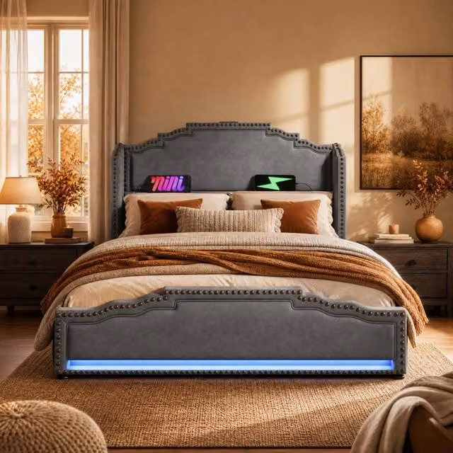 Letto matrimoniale ULEVR 140x200 cm con 4 cassetti, LED, USB e USB-C, velluto grigio