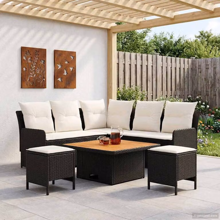 Set di mobili da giardino moderno vidaXL in rattan con struttura in acciaio e legno di acacia, colore nero e beige, composto da 6 pezzi con cuscini inclusi