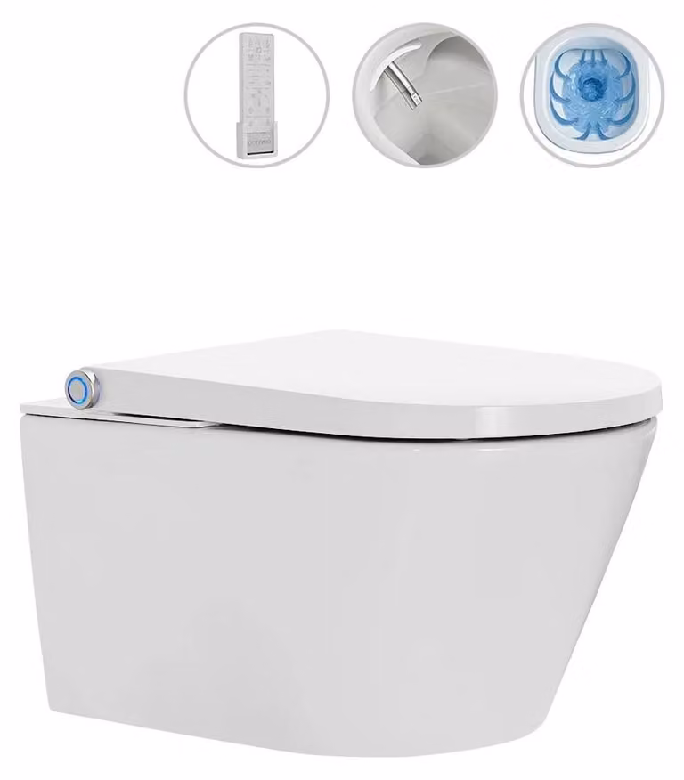 CERANO - WC sospeso con bidet elettronico integrato Cronus Pro, Vortex Rimless 180° + sedile UF - bianco lucido - 59,3 x 38,4 cm