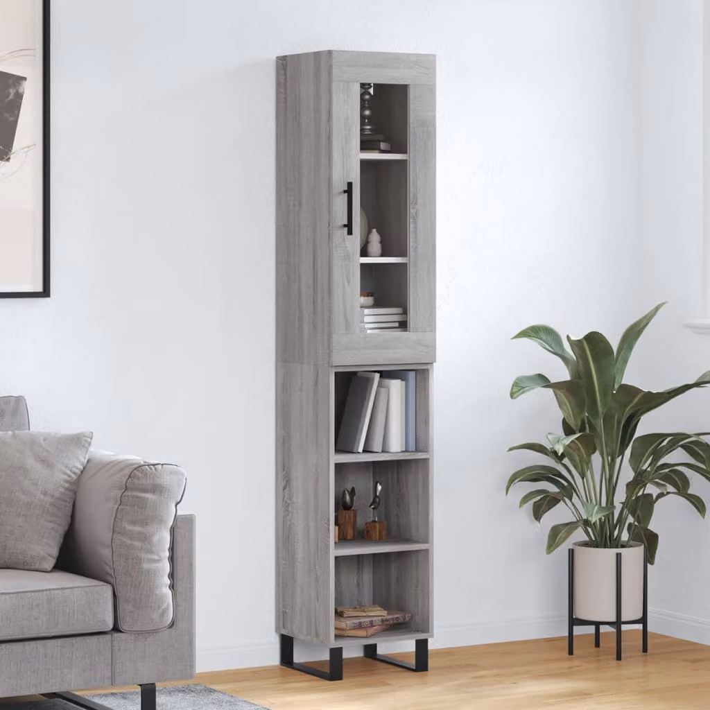 Credenza moderna vidaXL in legno e metallo con ante in vetro, Grigio, L/P/H: 34,5 x 34 x 180 cm