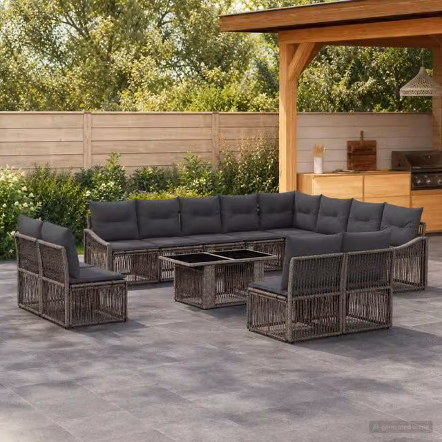 Set Divano da Giardino vidaXL a forma a U in Polyrattan Grigio con Tavolino e Cuscini – 1