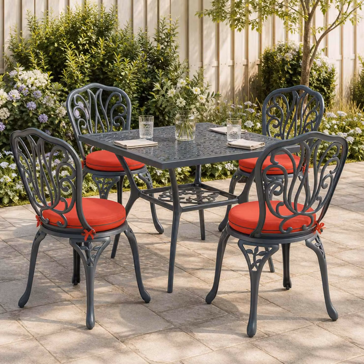 Set di 4 cuscini rotondi per sedia vidaXL in poliestere rosso con fodera lavabile e resistente ai raggi UV