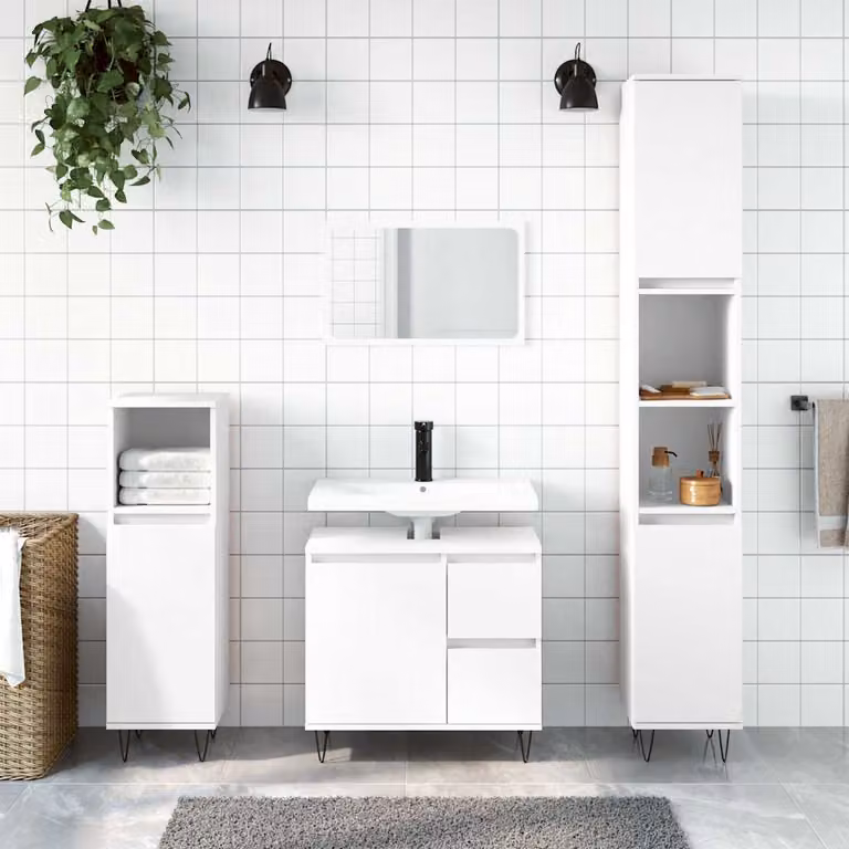 Set di mobili da bagno moderno vidaXL in 3 pezzi bianco lacca con legno e metallo