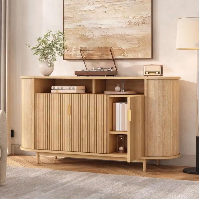 Credenza moderna a 3 ante in MDF e legno di pino, colore beige, L 140 cm x P 40 cm x H 78 cm