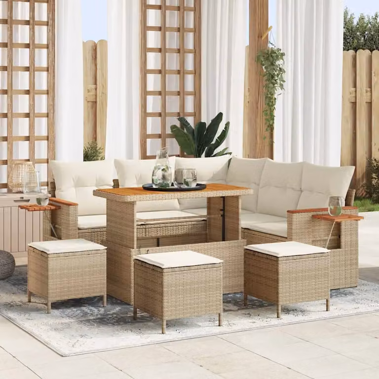 Set Divano da Giardino vidaXL 10 Pezzi a Forma di L con Tavolino e Pouf Beige e Bianco