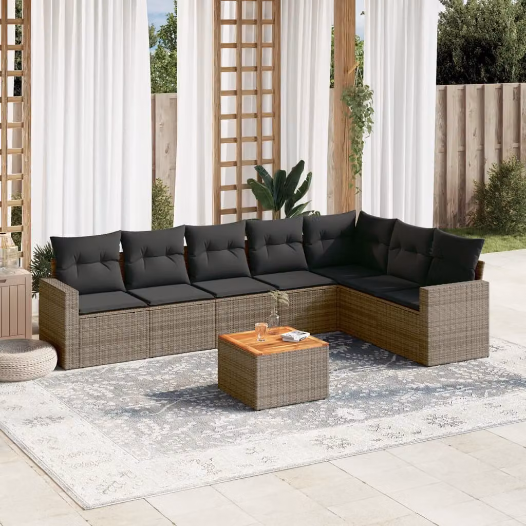 vidaXL Set Divano da Giardino 8 pz in Polyrattan Grigio con Cuscini e Tavolino – 1