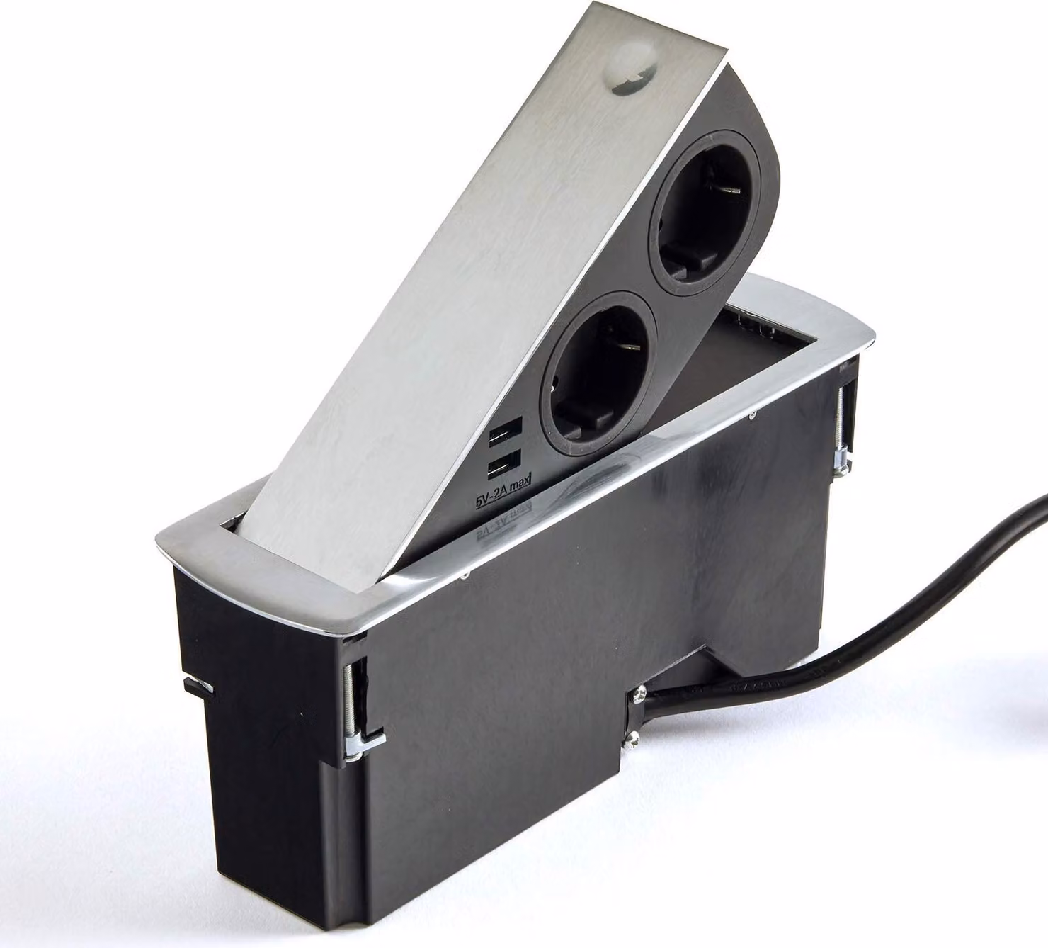 Presa di corrente da incasso (2 x connessione USB / 2 x presa Schuko) look acciaio inox incl. spina con elemento di presa push to open per piani di lavoro e scrivanie di SOTECH