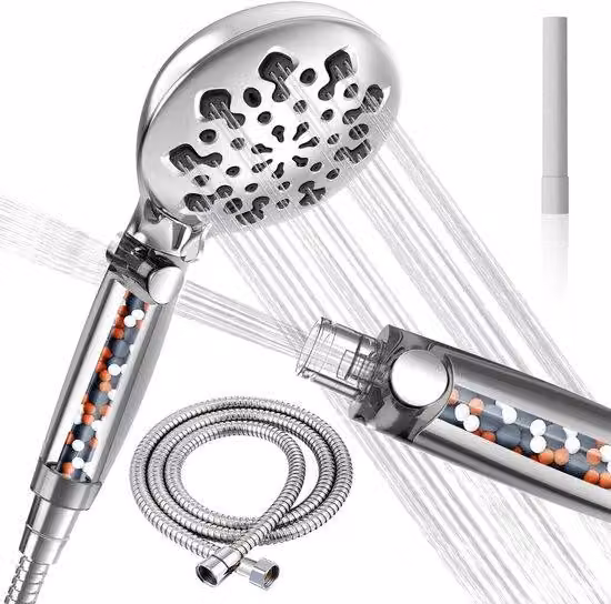 Ibenzoa® Doccia manuale a risparmio idrico, tubo da 1,5 metri, 10 tipi di getto, filtro per cloro, fluoro e metalli pesanti, corpo in ABS cromato, alta pressione, funzione di pausa, attacco G12