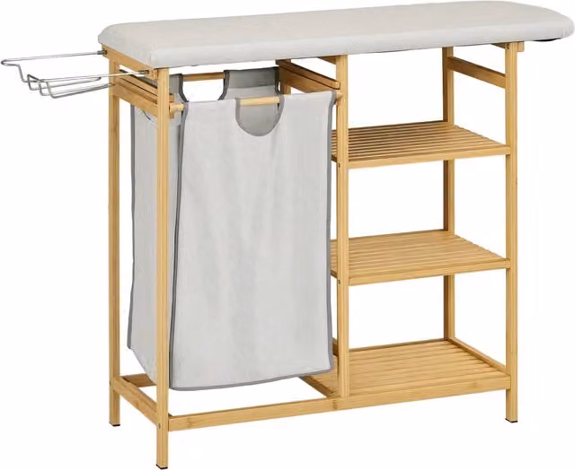 Mobile portabiancheria multifunzione in bambù naturale e grigio con asse da stiro e 3 ripiani 113x34x82cm