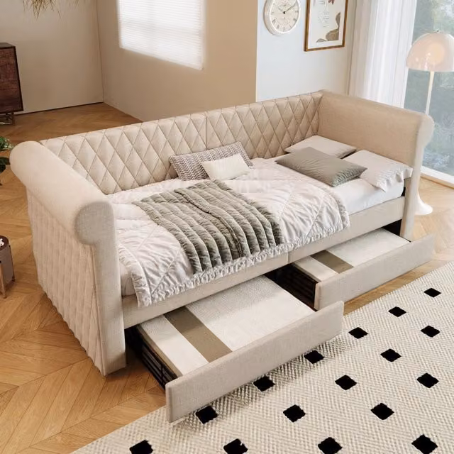 Letto divano singolo OKWISH in tessuto beige con 2 cassetti, struttura in legno e metallo, L/P/H: 90 x 200 x 35,9 cm
