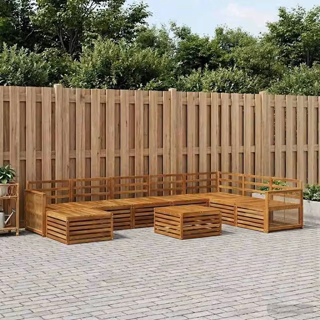 Set di divani da esterno a L vidaXL in legno di acacia massello marrone con 9 pezzi, inclusi tavolino da caffè, pouf e cuscini