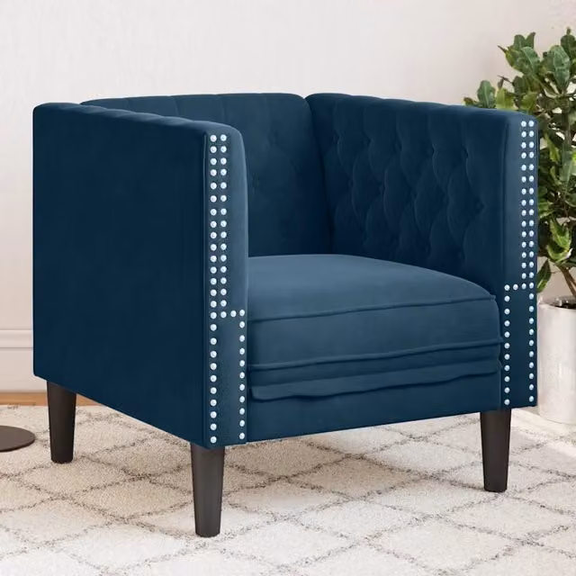 Poltrona Chesterfield blu in velluto vidaXL con struttura in legno massello