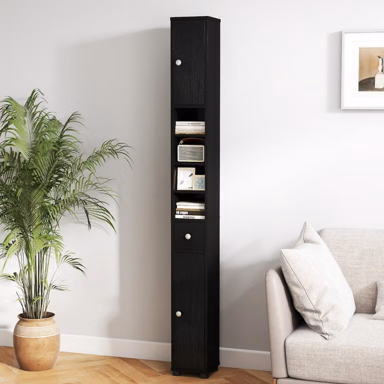 Armadio da bagno alto slim Costway con 1 cassetto e 5 ripiani regolabili, colore nero opaco