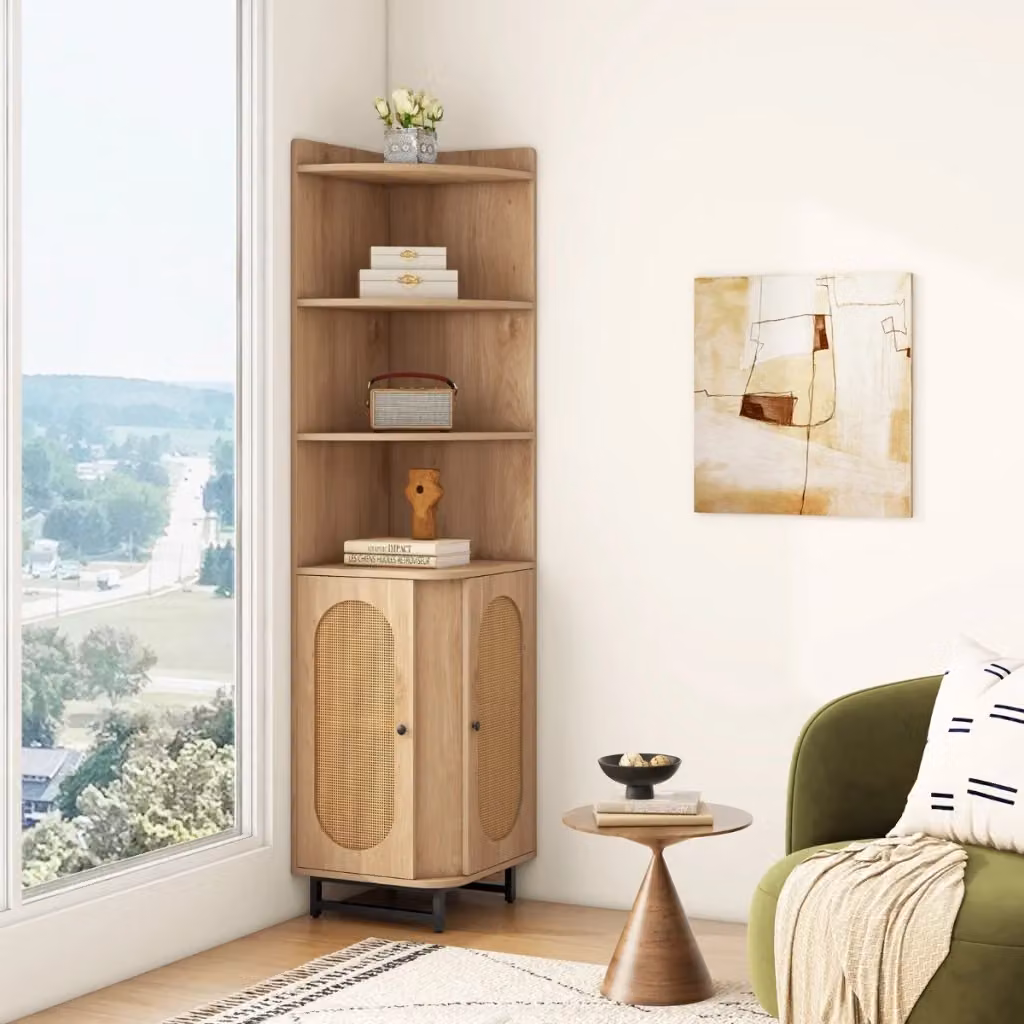 Armadio angolare in rattan e metallo beige con 2 ante e 4 scomparti aperti, Altezza: 172 cm – 2