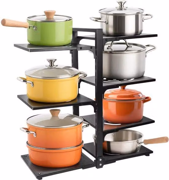 Ibenzoa® Organizer regolabile per pentole e padelle Acciaio al carbonio, con 7 livelli – supporto salvaspazio per pentole e padelle, ideale per piano di lavoro e armadi, resistente all'acqua e alla ruggine