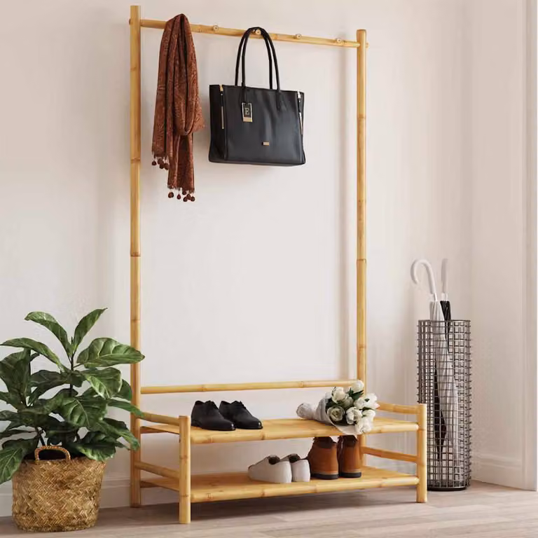 vidaXL Appendiabiti con Ripiani in Bambù Beige L: 103 cm, P: 40 cm, H: 183 cm