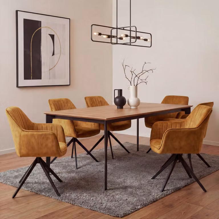 Set di 6 sedie da pranzo HWC-L79, sedie da cucina con braccioli girevoli e ritorno automatico, velluto 440 g/m² ~ effetto pelle scamosciata giallo senape