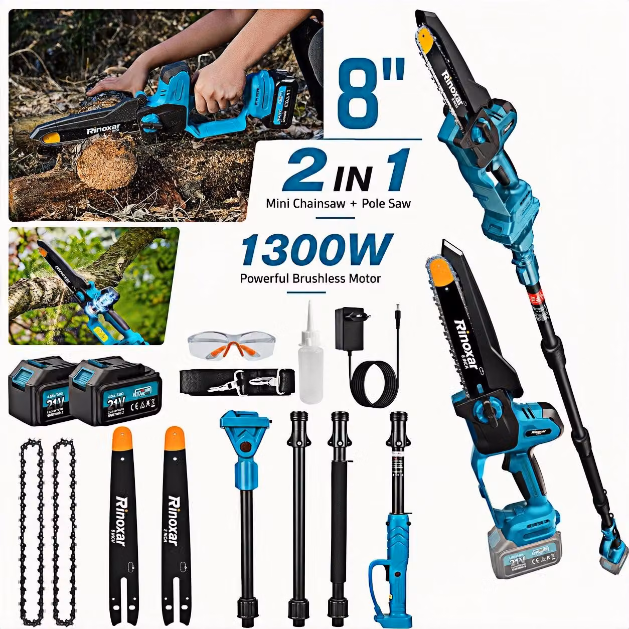 Troncatrice a batteria mini 2 in 1, 8 pollici, con asta telescopica e sensore a distanza, dotata di 2 batterie, motore brushless da 1300W, prolunga da 2 metri e sistema di lubrificazione automatica
