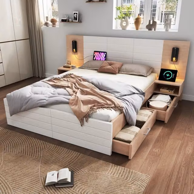 Letto matrimoniale ULEVR 160x200 cm con 2 cassetti, luce da lettura orientabile e ricarica USB, bianco e rovere chiaro