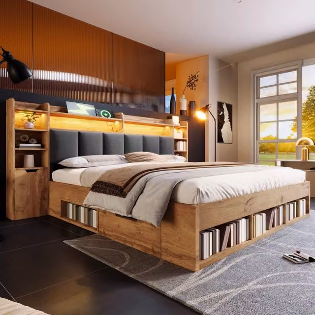 Letto matrimoniale 219.0x248.0x116.0 cm per materasso 180x200 cm con LED e prese USB; cassetti in MDF e metallo color rovere
