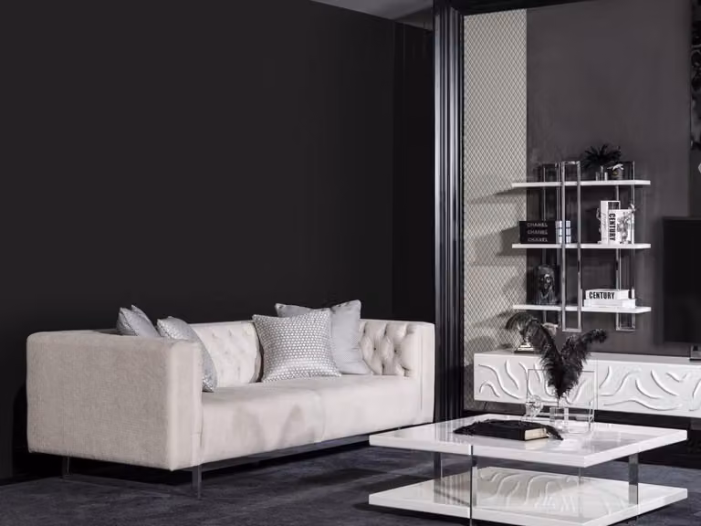 Beige Holz Textil Sofa und Couchtisch Set modern