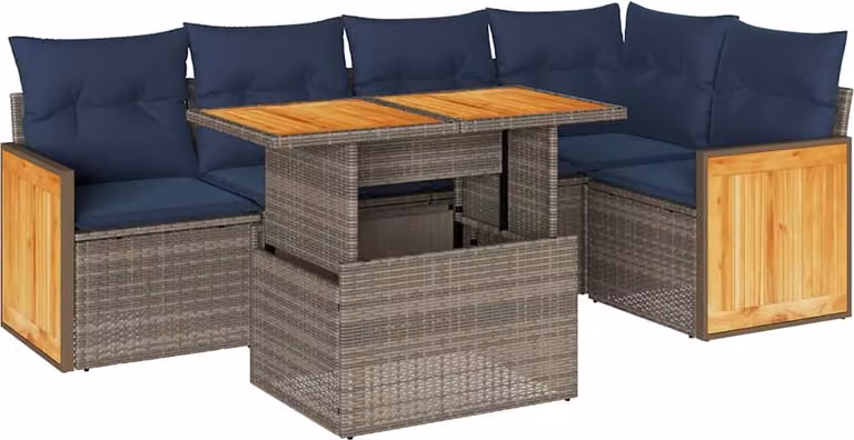 Set Divano da Giardino 6pz con Cuscini Grigio Polyrattan Acacia