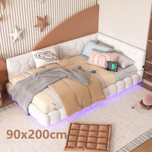 Divano letto AIORBER, 90x200cm, letto con rete a doghe (senza materasso), luce ambiente a 16 colori, connessione USB, Type-C, per piccoli appartamenti&stanze per ospiti, bianco