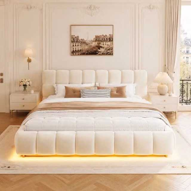 Letto matrimoniale imbottito 160x200 cm con contenitore idraulico e LED beige