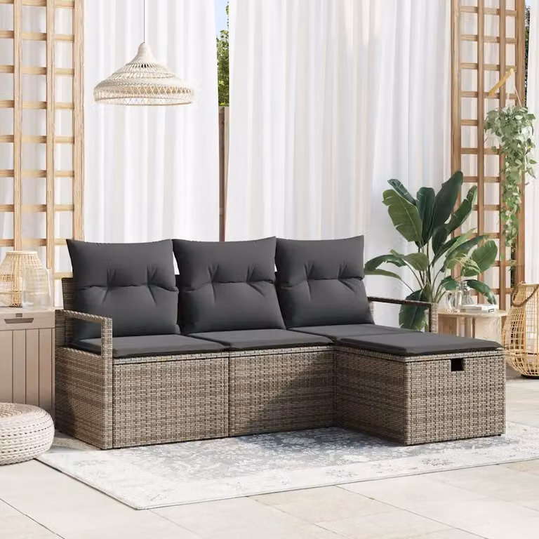 Set Divano da Giardino vidaXL 4 Pezzi a Forma di L in Polyrattan Grigio con Cuscini e Tavolino