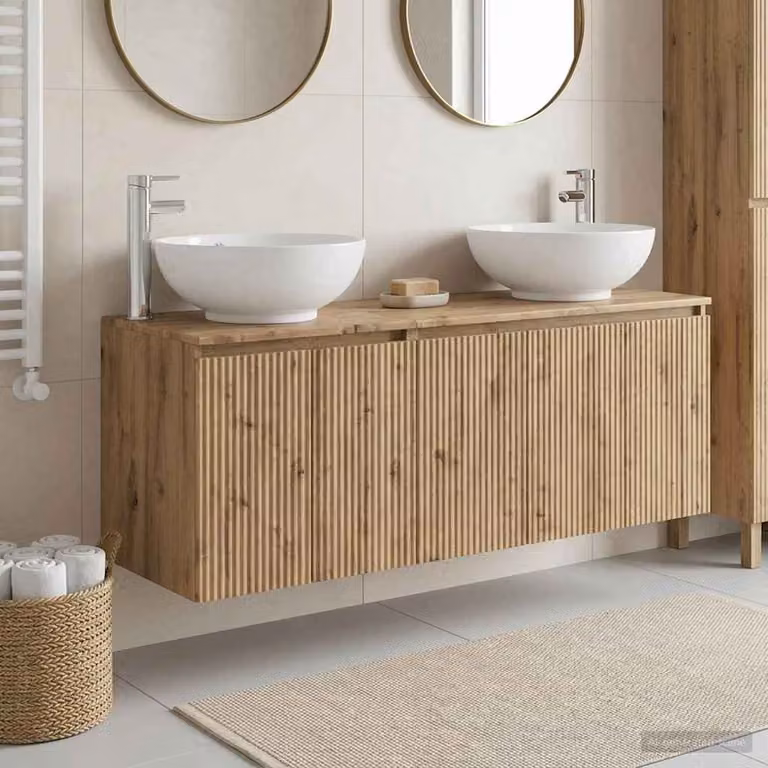 Set di 3 mobili da bagno moderni vidaXL in legno e metallo color rovere marrone con pensili e base sospesa