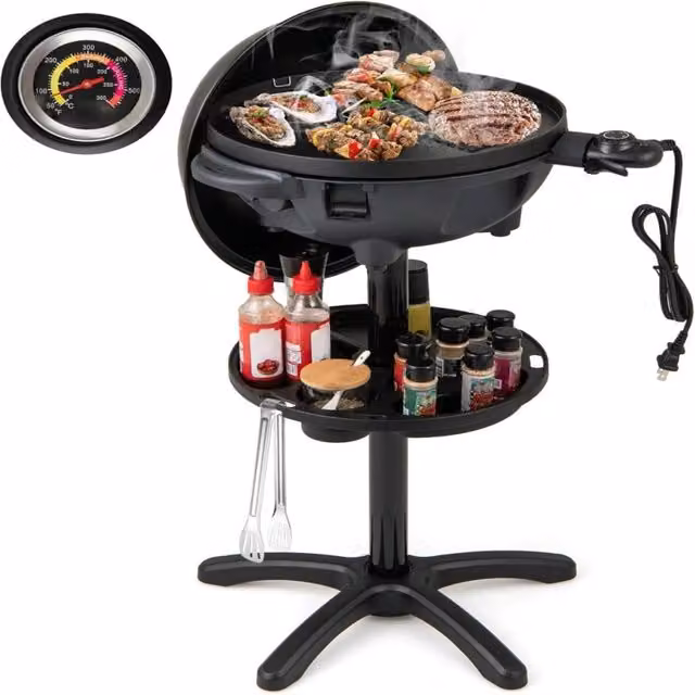 Griglia barbecue elettrica da tavolo Design Mania con termometro, piastra antiaderente e ripiano condimenti, colore nero – 1